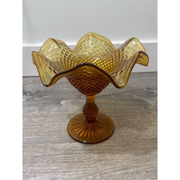 Indiana Glass Fluted Compote Diamond Point Candy Dish Amber Pedestal Ball Stem - Picture 1 of 4
